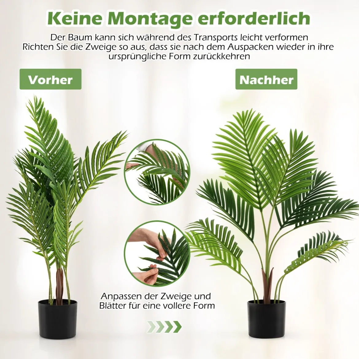 2er Set Künstliche Areca Palme 90 cm Kunstpflanze im Topf Kunstpalme mit Blättern Grün