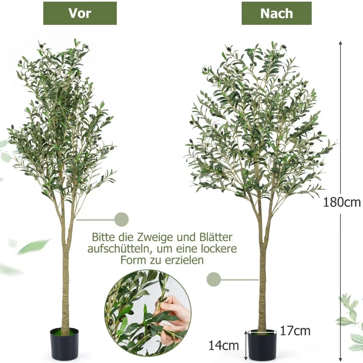 2er Set künstliche Olivenbäume 180 cm hohe künstliche Olivenpflanzen mit Kunststoff-Pflanzgefäß Grün