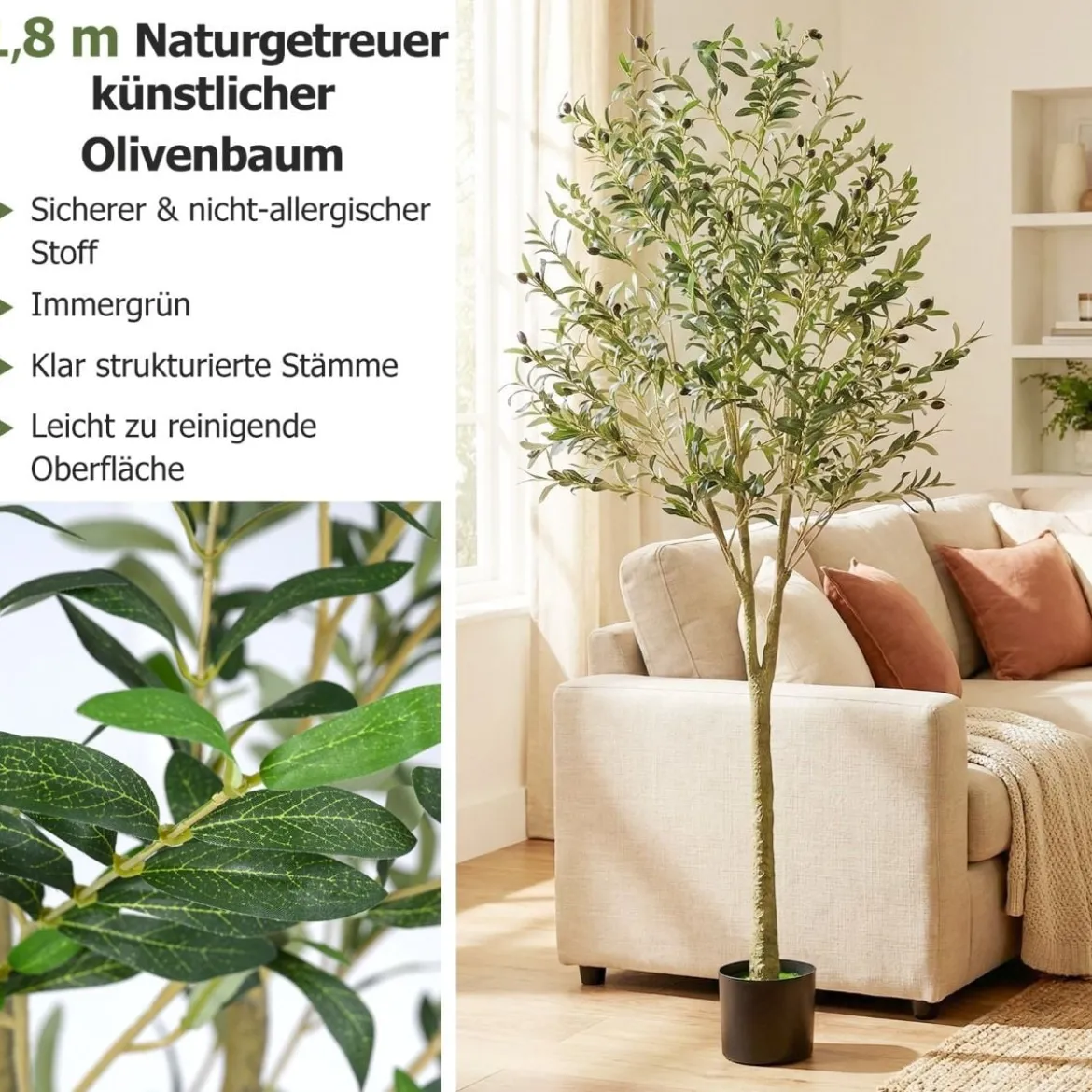 2er Set künstliche Olivenbäume 180 cm hohe künstliche Olivenpflanzen mit Kunststoff-Pflanzgefäß Grün