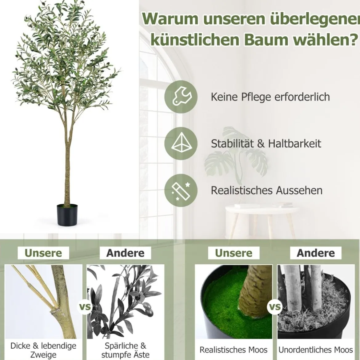 2er Set künstliche Olivenbäume 180 cm hohe künstliche Olivenpflanzen mit Kunststoff-Pflanzgefäß Grün
