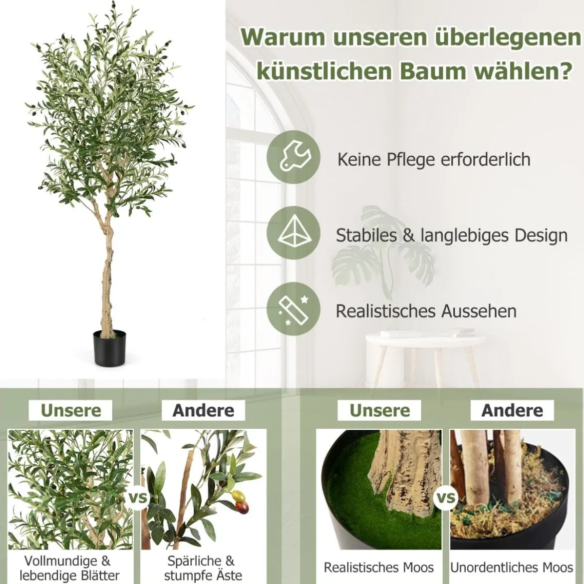 1/2er Set Künstliche Olivenbäume mit 1296 Blättern & 72 Früchten Olivenpflanzen 182 cm