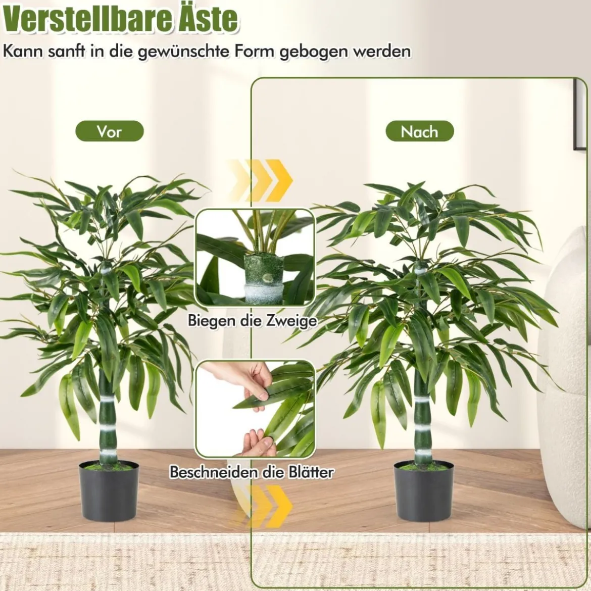 2er Set Künstliche Pflanze Bambus 100 cm Kunstbaum mit Topf Kunstpflanze für Zuhause Büro Grün