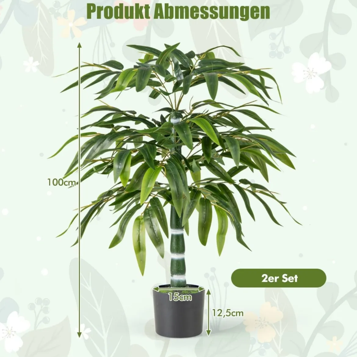 2er Set Künstliche Pflanze Bambus 100 cm Kunstbaum mit Topf Kunstpflanze für Zuhause Büro Grün