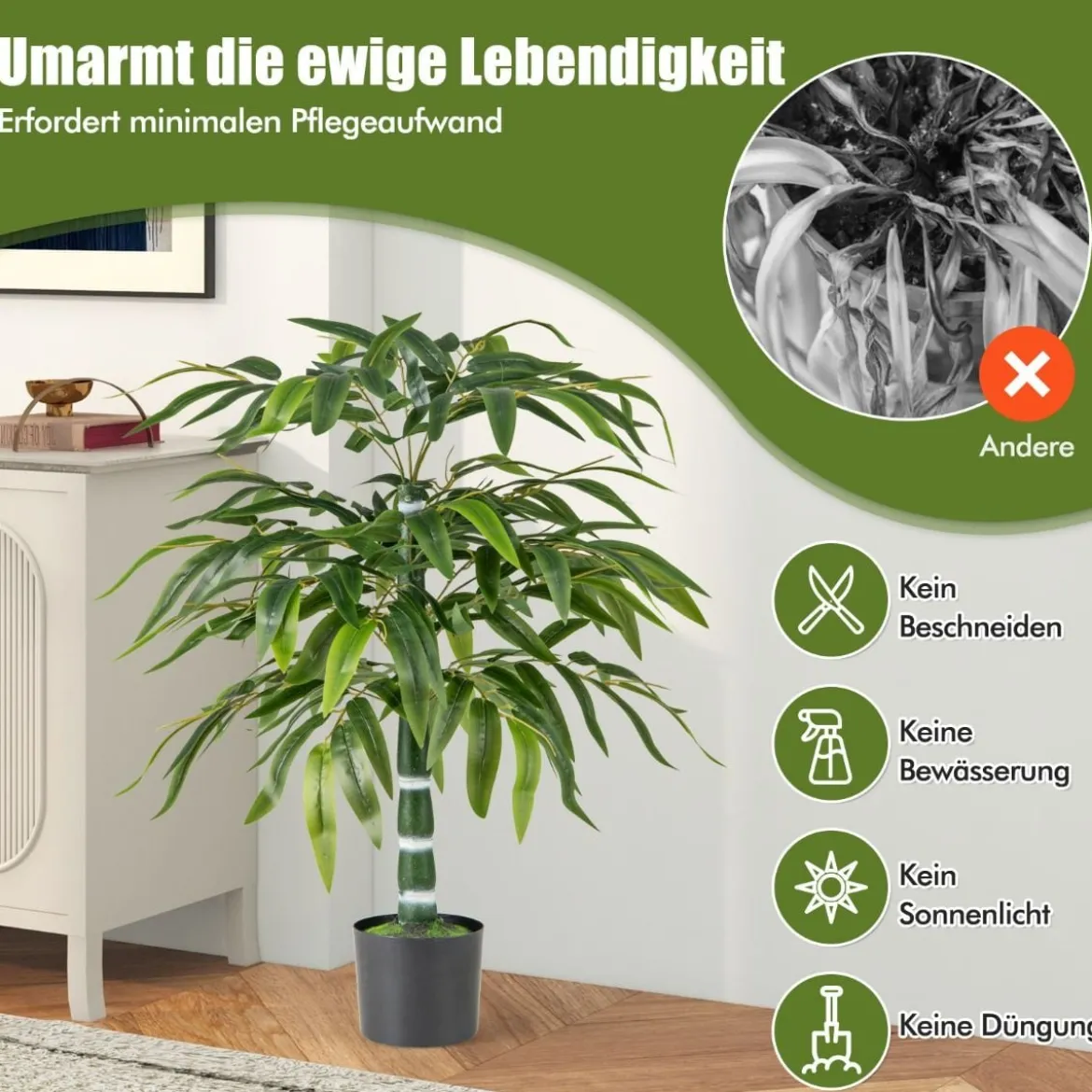 2er Set Künstliche Pflanze Bambus 100 cm Kunstbaum mit Topf Kunstpflanze für Zuhause Büro Grün