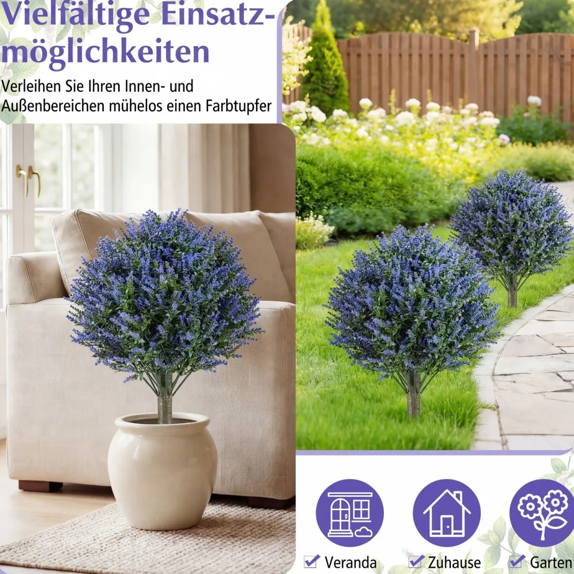 2er Set Künstliche Pflanze Lavendel mit Erdspieß & Immergrünen Blättern & Stämmen Dekopflanze