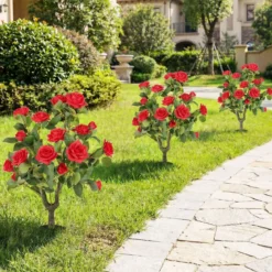 2er Set Künstliche Pflanze Rosen mit Erdspieß & Immergrünen Blättern & Stämmen Seidenblumen