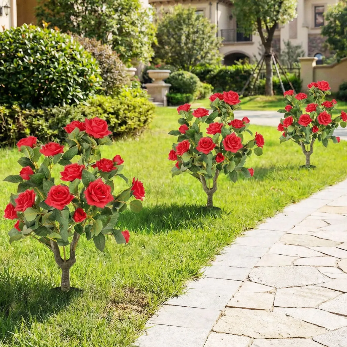 2er Set Künstliche Pflanze Rosen mit Erdspieß & Immergrünen Blättern & Stämmen Seidenblumen