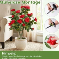 2er Set Künstliche Pflanze Rosen mit Erdspieß & Immergrünen Blättern & Stämmen Seidenblumen