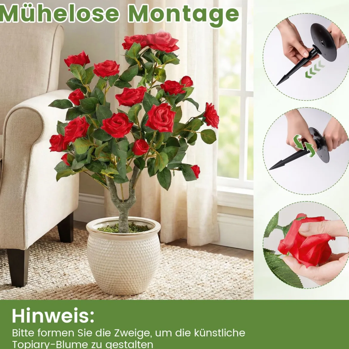 2er Set Künstliche Pflanze Rosen mit Erdspieß & Immergrünen Blättern & Stämmen Seidenblumen