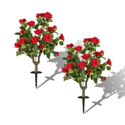 2er Set Künstliche Pflanze Rosen mit Erdspieß & Immergrünen Blättern & Stämmen Seidenblumen