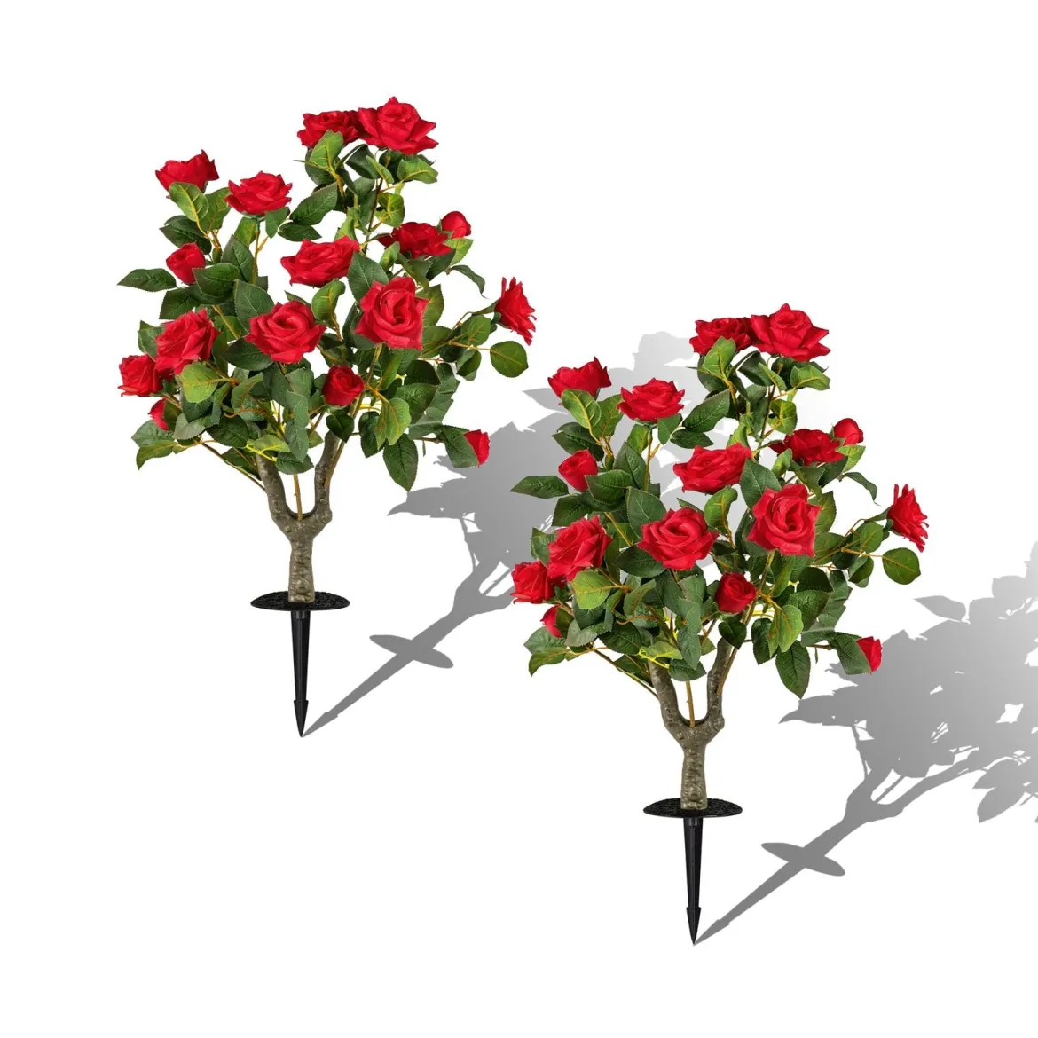 2er Set Künstliche Pflanze Rosen mit Erdspieß & Immergrünen Blättern & Stämmen Seidenblumen