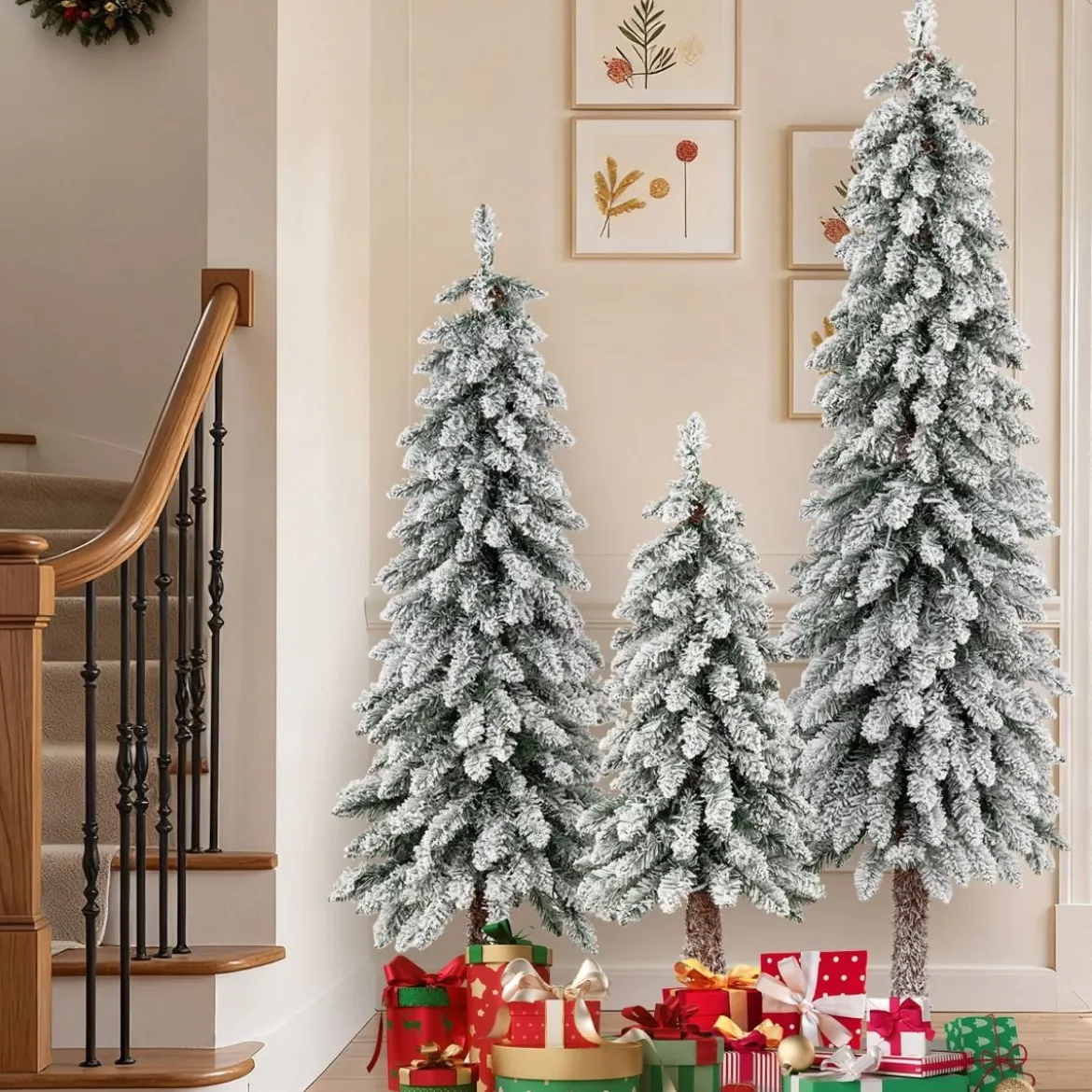 3er Set Künstlicher Weihnachtsbaum mit Beleuchtung & Schnee Christbaum 90 / 120 / 150 cm