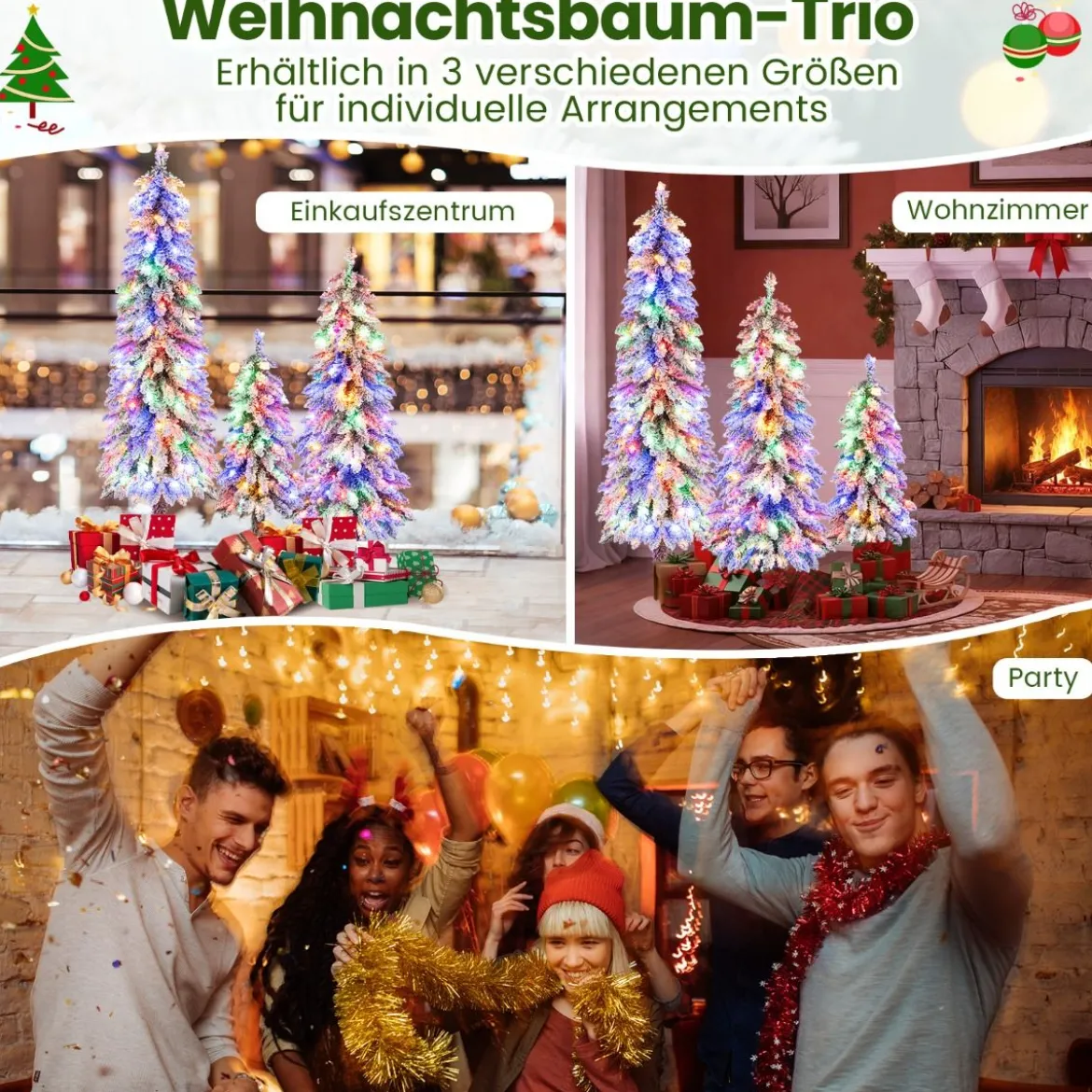3er Set Künstlicher Weihnachtsbaum mit Beleuchtung & Schnee Christbaum 90 / 120 / 150 cm