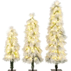 3er Set Künstliche Weihnachtsbäume 90 cm 120 cm 150 cm mit Beleuchtung schneebestäubte Zweigspitzen Grün