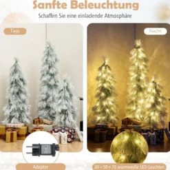 3er Set Künstliche Weihnachtsbäume 90 cm 120 cm 150 cm mit Beleuchtung schneebestäubte Zweigspitzen Grün