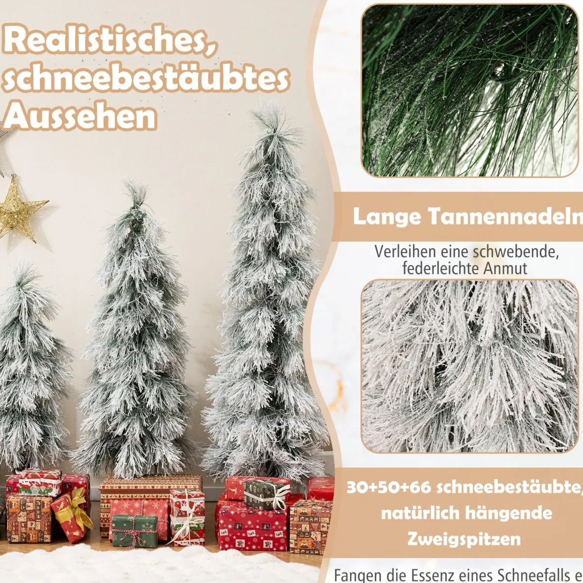 3er Set Künstliche Weihnachtsbäume 90 cm 120 cm 150 cm mit Beleuchtung schneebestäubte Zweigspitzen Grün