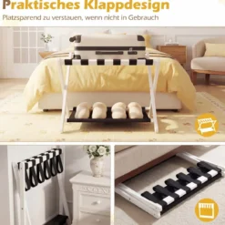 2er Set Kofferständer Klappbar Gepäckständer aus Gummibaumholz mit 2 Ablagen 67 x 46 x 52 cm Weiß