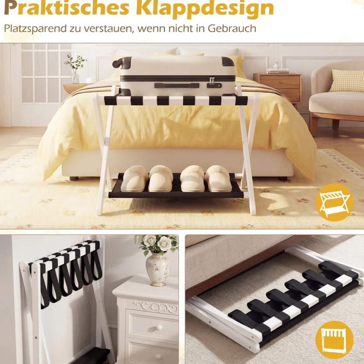 2er Set Kofferständer Klappbar Gepäckständer aus Gummibaumholz mit 2 Ablagen 67 x 46 x 52 cm Weiß