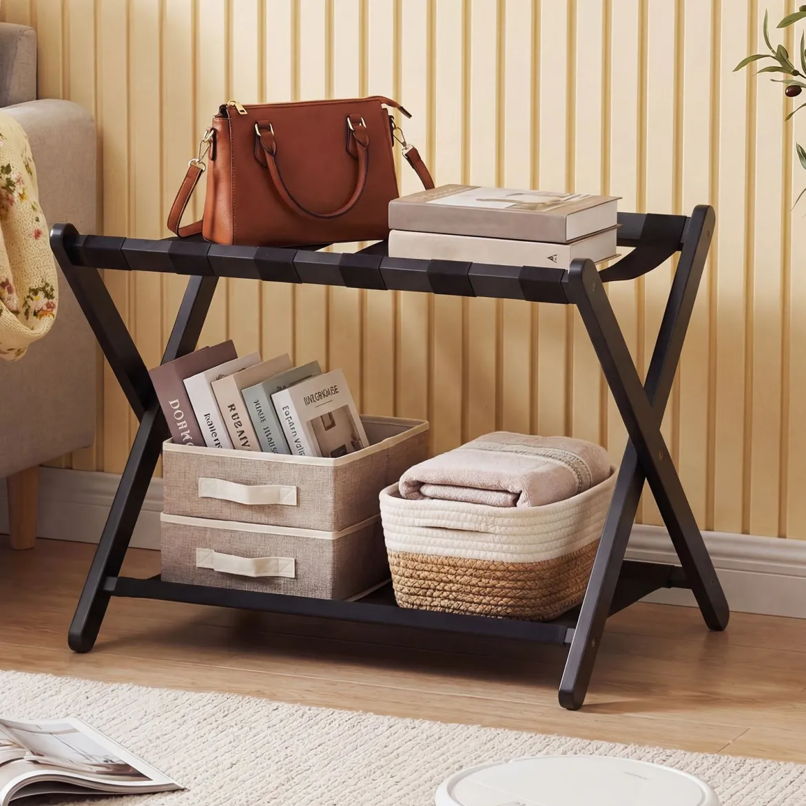 2er Set Kofferständer Klappbar Gepäckständer aus Gummibaumholz mit 2 Ablagen 67 x 46 x 52 cm Schwarz