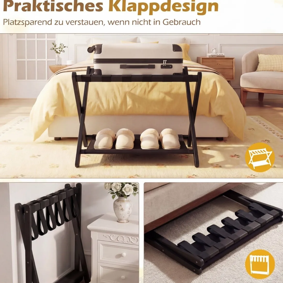 2er Set Kofferständer Klappbar Gepäckständer aus Gummibaumholz mit 2 Ablagen 67 x 46 x 52 cm Schwarz