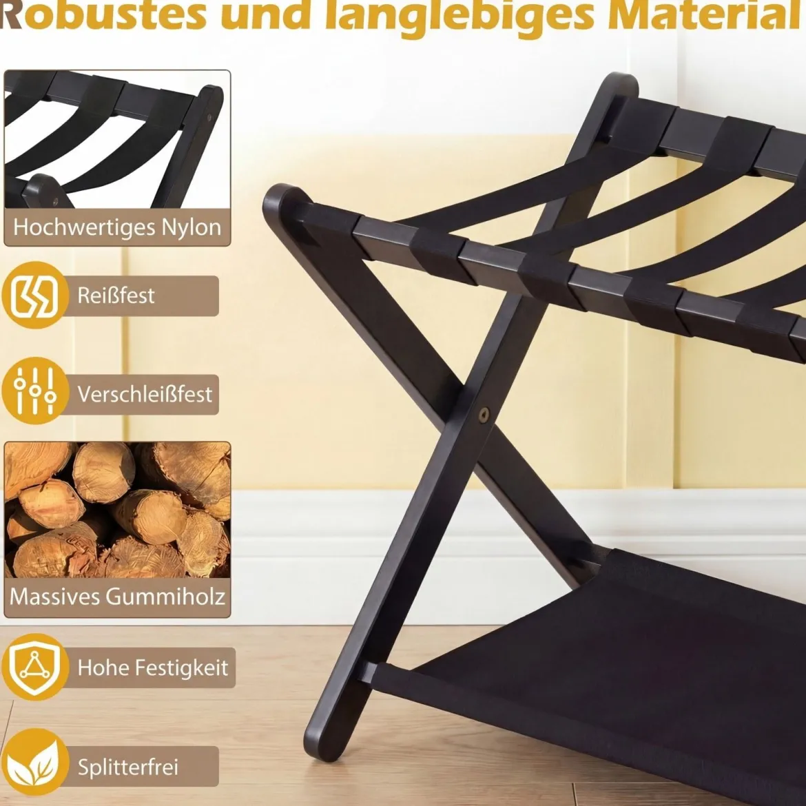 2er Set Kofferständer Klappbar Gepäckständer aus Gummibaumholz mit 2 Ablagen 67 x 46 x 52 cm Schwarz