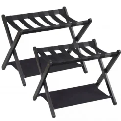 2er Set Kofferständer Klappbar Gepäckständer aus Gummibaumholz mit 2 Ablagen 67 x 46 x 52 cm Schwarz