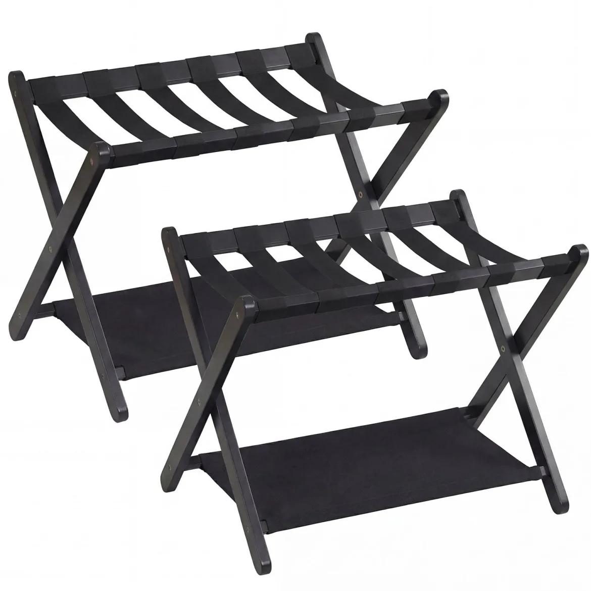 2er Set Kofferständer Klappbar Gepäckständer aus Gummibaumholz mit 2 Ablagen 67 x 46 x 52 cm Schwarz