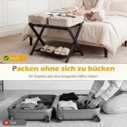 2er Set Kofferständer Klappbar Gepäckständer aus Gummibaumholz mit 2 Ablagen 67 x 46 x 52 cm Schwarz