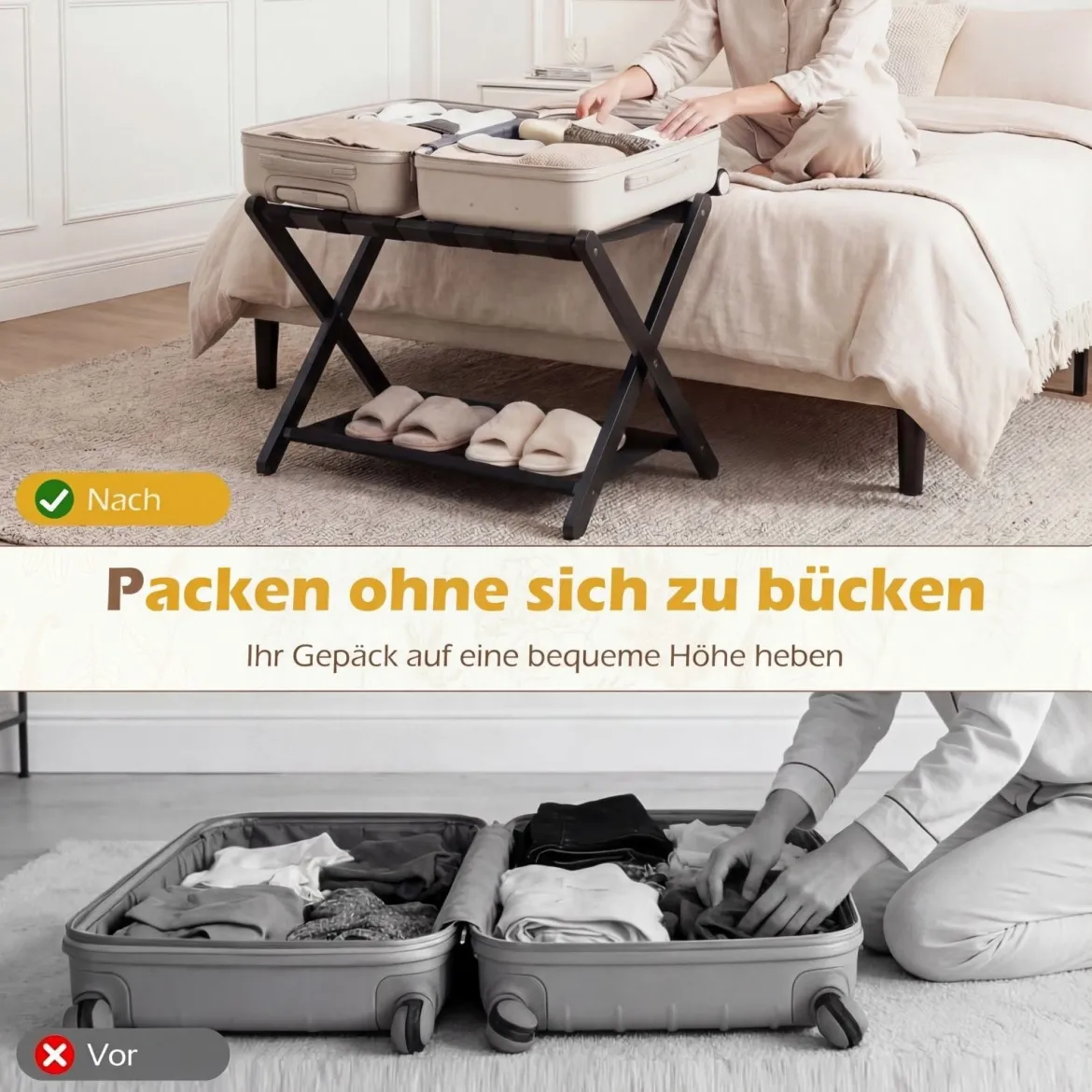 2er Set Kofferständer Klappbar Gepäckständer aus Gummibaumholz mit 2 Ablagen 67 x 46 x 52 cm Schwarz