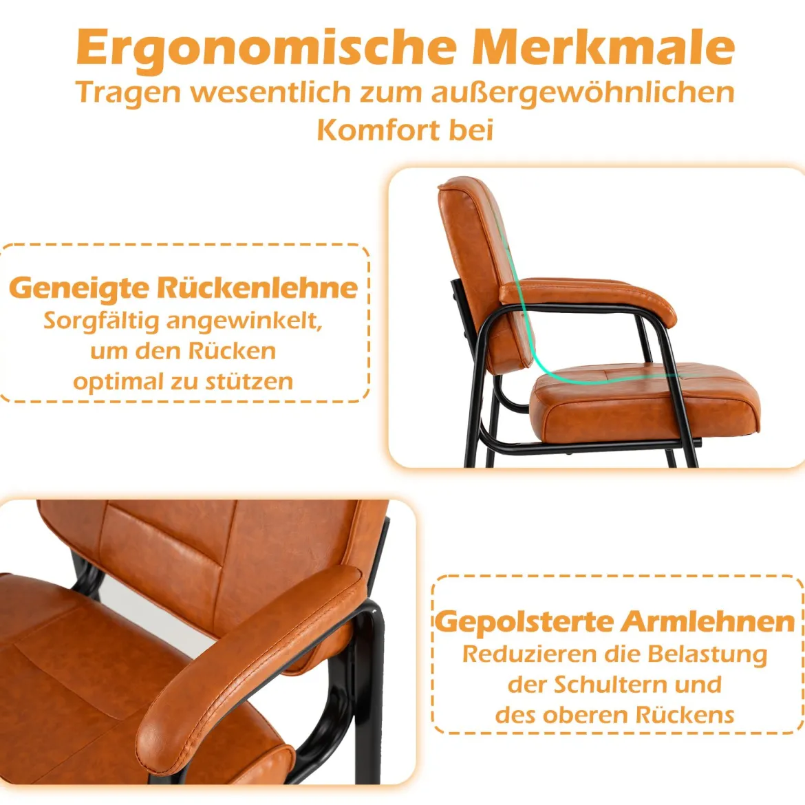 2er Set Konferenzstühle mit Gepolsterten Armlehnen & Metallrahmen Besucherstühle Braun