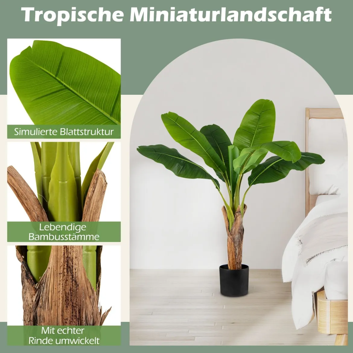 2er Set Kunstpflanze Tropische Palme 107 cm Künstliche Paradiesvogel Pflanze Grün