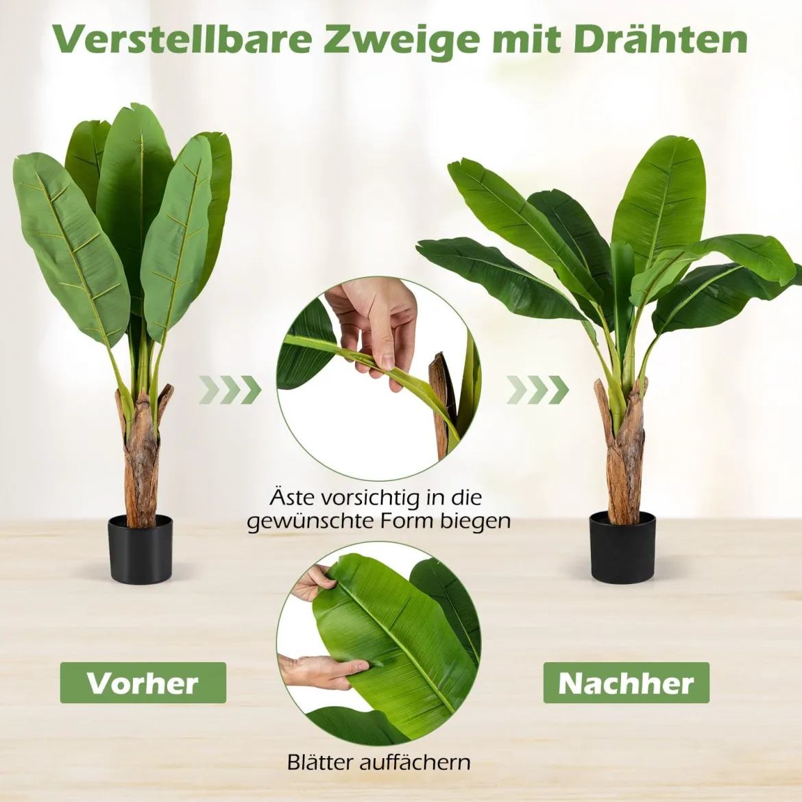 2er Set Kunstpflanze Tropische Palme 107 cm Künstliche Paradiesvogel Pflanze Grün