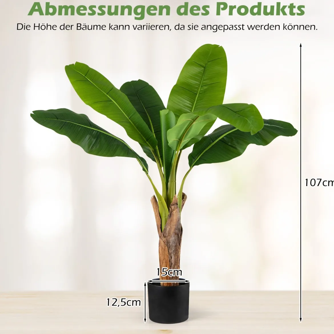 2er Set Kunstpflanze Tropische Palme 107 cm Künstliche Paradiesvogel Pflanze Grün