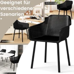 2er-Set Kunststoff-Esszimmerstühle-Set Küchenstuhl mit atmungsaktivem Netzrückenlehne &breiter Sitz Schwarz