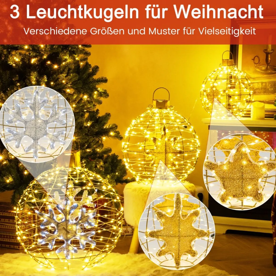 3er Set LED Dekokugel LED Kugeln zum Hinhängen & Hinstellen Leuchtkugel Deko Kugeln