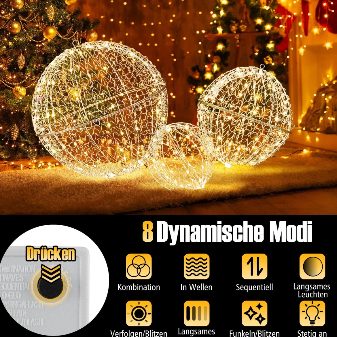 3er Set LED Dekokugel zum Hinhängen & Hinstellen LED Kugeln mit 435 LEDs Weihnachtsdeko