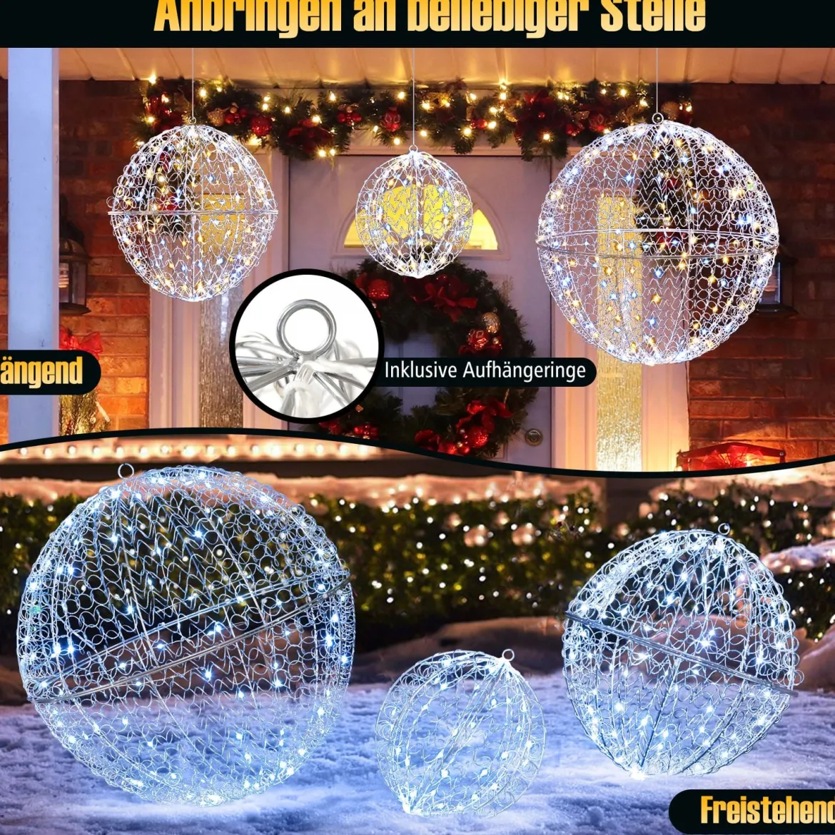3er Set LED Dekokugel zum Hinhängen & Hinstellen LED Kugeln mit 435 LEDs Weihnachtsdeko