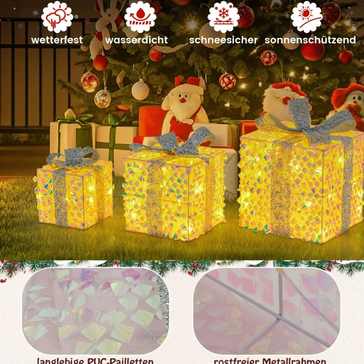 3er Set LED Geschenkboxen beleuchtete Weihnachtenboxen mit Schleifen Silber