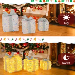 3er Set LED Geschenkboxen beleuchtete Weihnachtenboxen mit Schleifen Silber