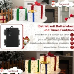 3er Set LED Geschenkboxen mit Schleife & 48 Warmweiß LEDs & Timer Wasserdichte Weihnachtsdeko
