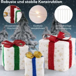 3er Set LED Geschenkboxen mit Schleife & 48 Warmweiß LEDs & Timer Wasserdichte Weihnachtsdeko