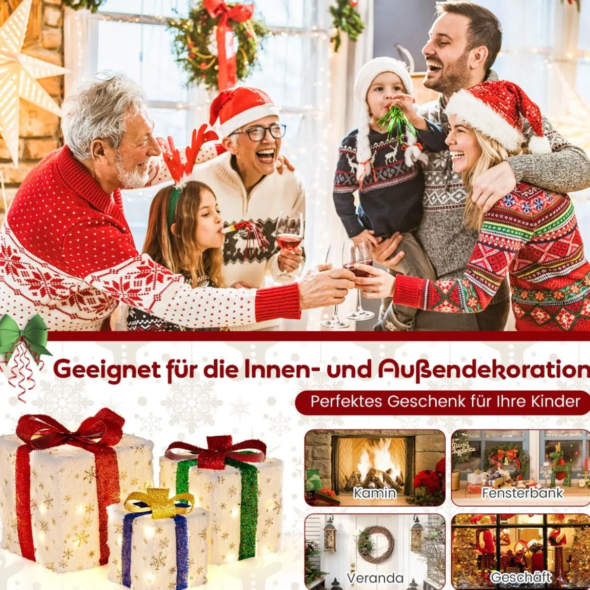 3er Set LED Geschenkboxen mit Schleife & 48 Warmweiß LEDs & Timer Wasserdichte Weihnachtsdeko