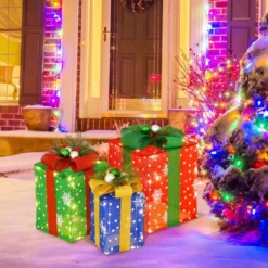 3er Set LED Geschenkboxen mit Schleife & 52 Warmweiß LEDs Wasserdichte Weihnachtenboxen