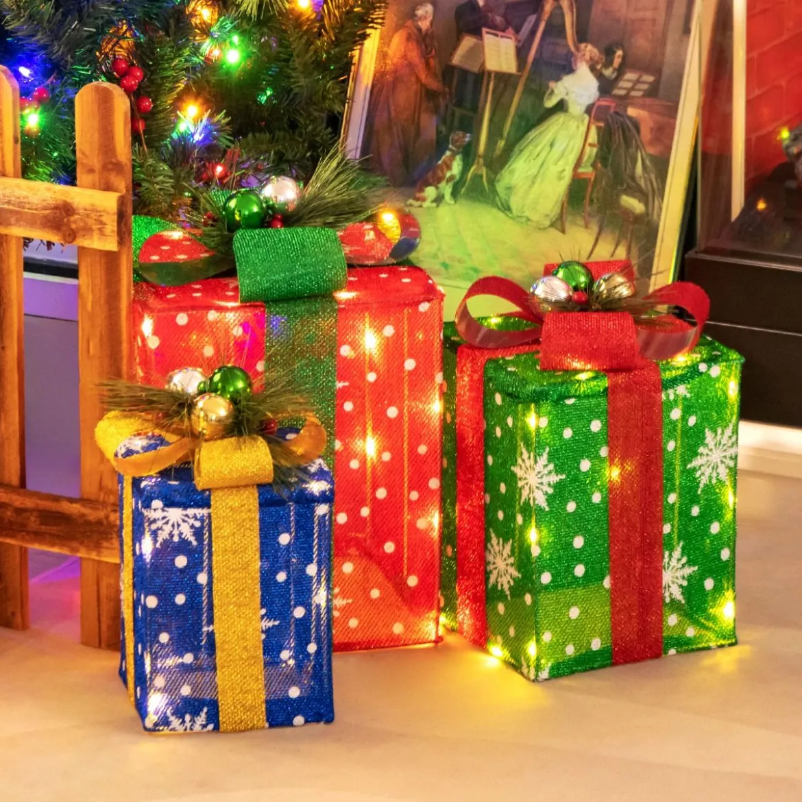 3er Set LED Geschenkboxen mit Schleife & 52 Warmweiß LEDs Wasserdichte Weihnachtenboxen