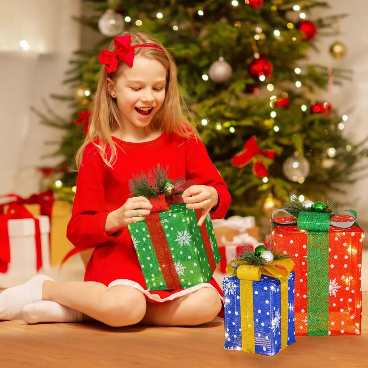 3er Set LED Geschenkboxen mit Schleife & 52 Warmweiß LEDs Wasserdichte Weihnachtenboxen
