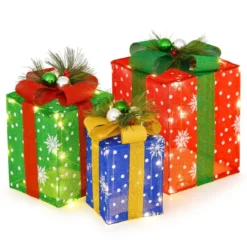 3er Set LED Geschenkboxen mit Schleife & 52 Warmweiß LEDs Wasserdichte Weihnachtenboxen