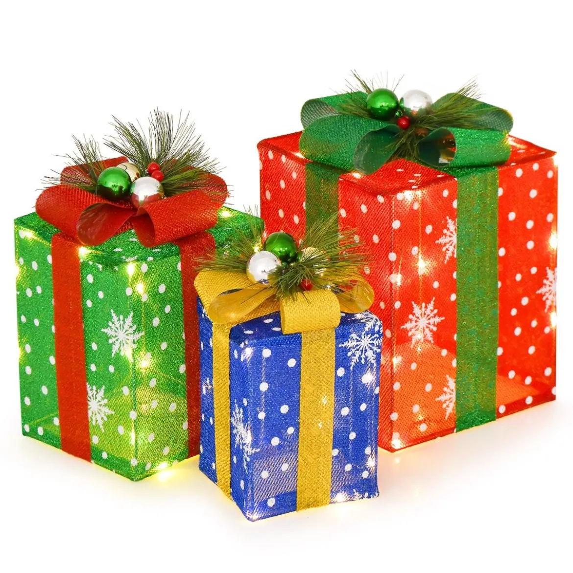3er Set LED Geschenkboxen mit Schleife & 52 Warmweiß LEDs Wasserdichte Weihnachtenboxen