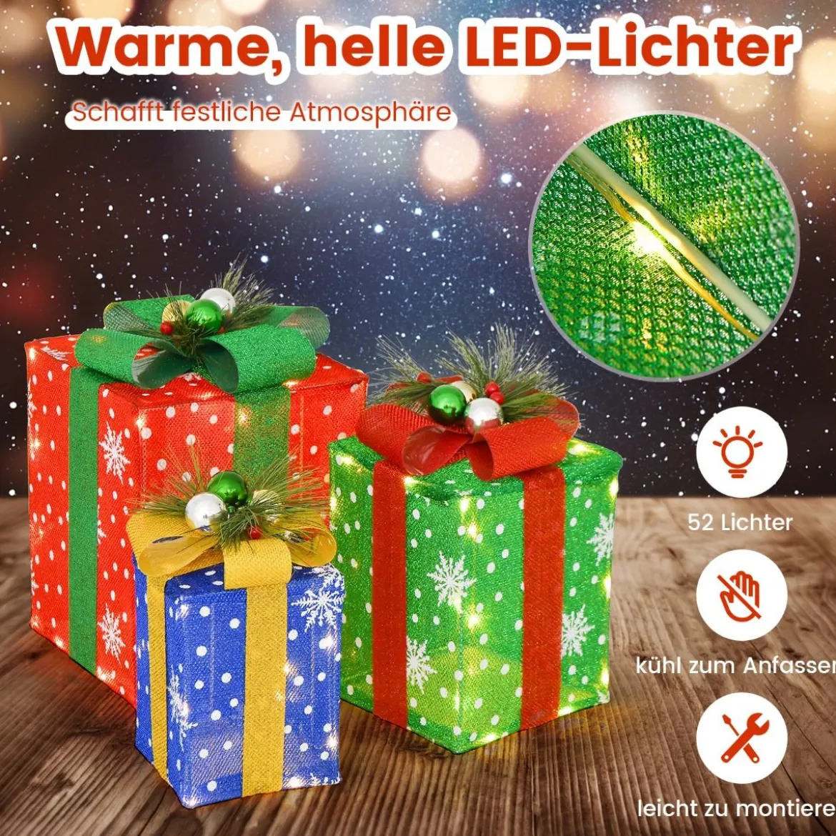 3er Set LED Geschenkboxen mit Schleife & 52 Warmweiß LEDs Wasserdichte Weihnachtenboxen