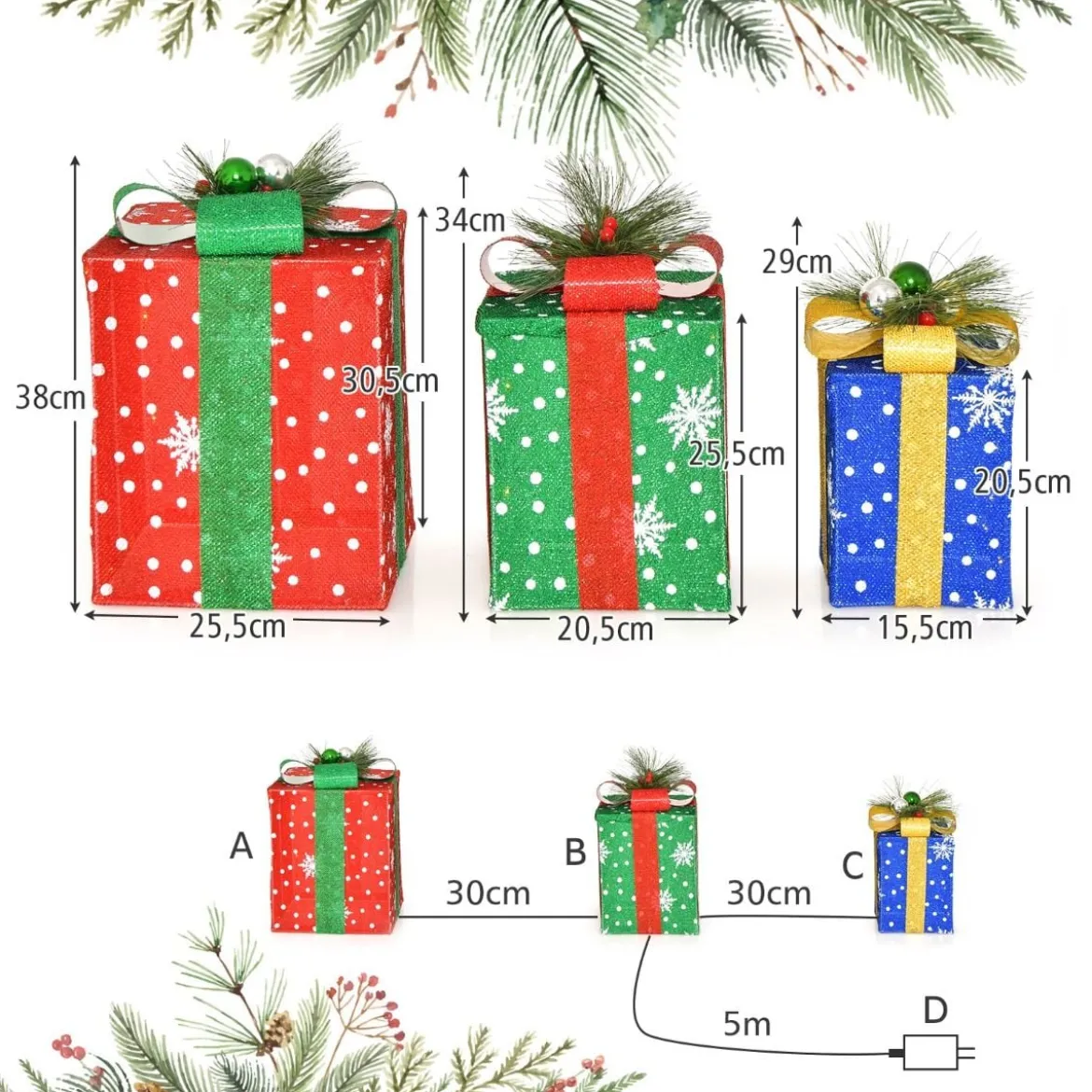 3er Set LED Geschenkboxen mit Schleife & 52 Warmweiß LEDs Wasserdichte Weihnachtenboxen