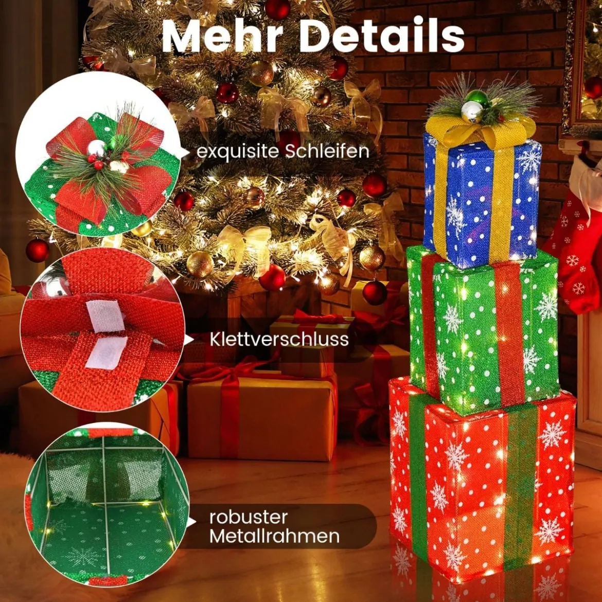 3er Set LED Geschenkboxen mit Schleife & 52 Warmweiß LEDs Wasserdichte Weihnachtenboxen